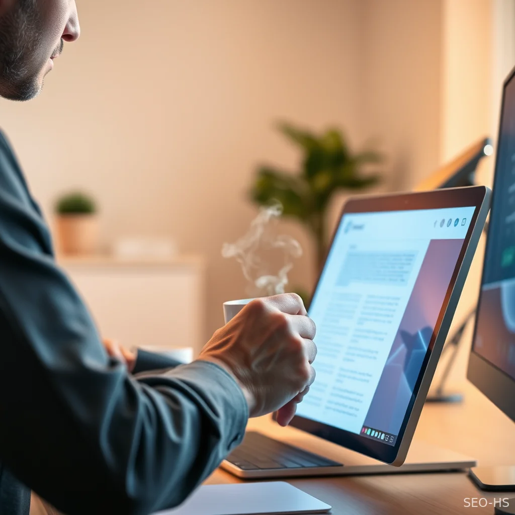 A human editor reviewing digital drafts on a computer screen to illustrate human-in-the-loop content governance.