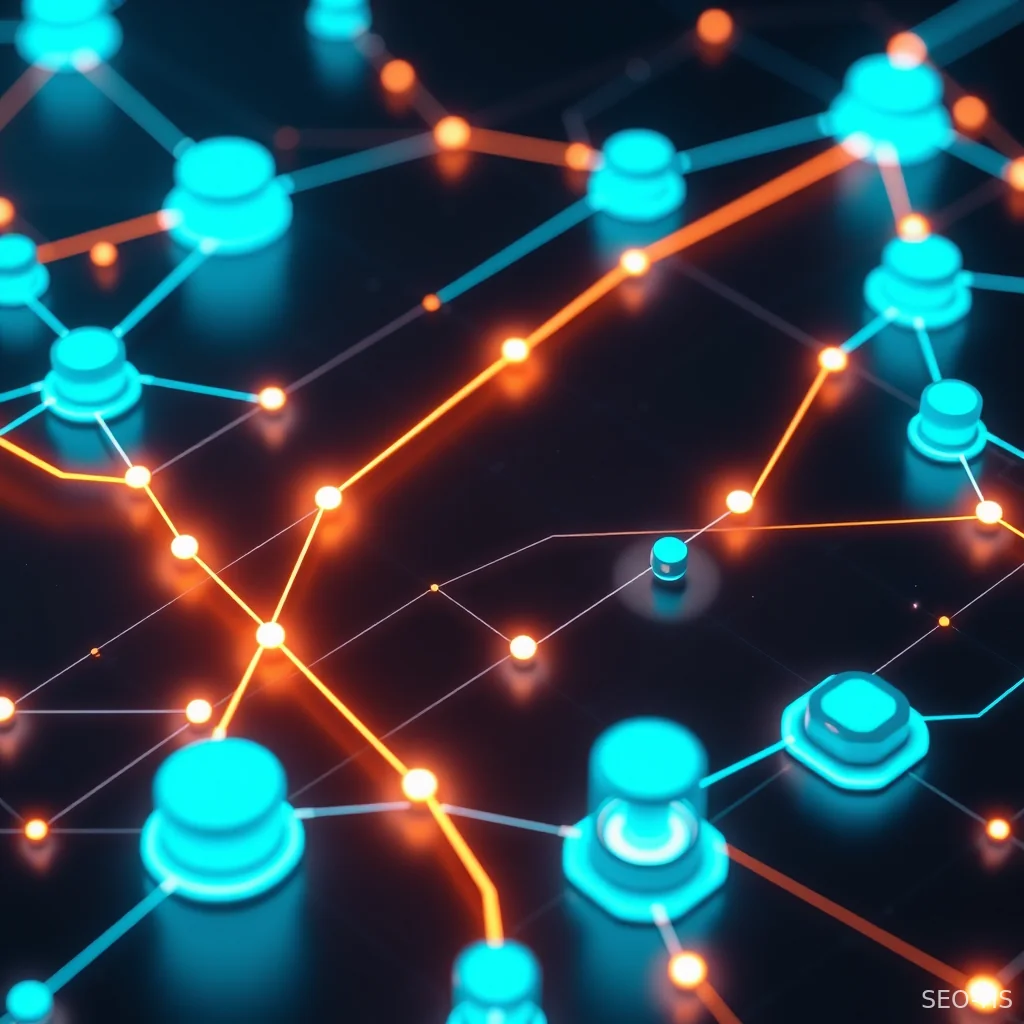 A structured 3D visualization of data node connections comparing manual workflows with automated multi-agent SEO execution.