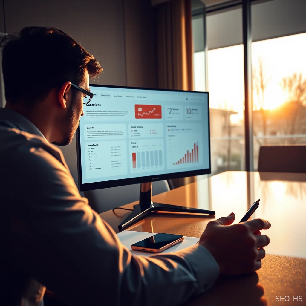 An executive reviewing structured digital content briefs and automated workflows on a modern display screen.