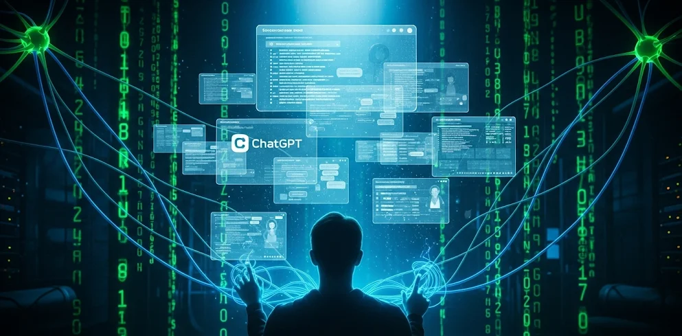 AI Interface Control Center - Person controlling multiple ChatGPT interfaces in cyberpunk style representing complete AI domination