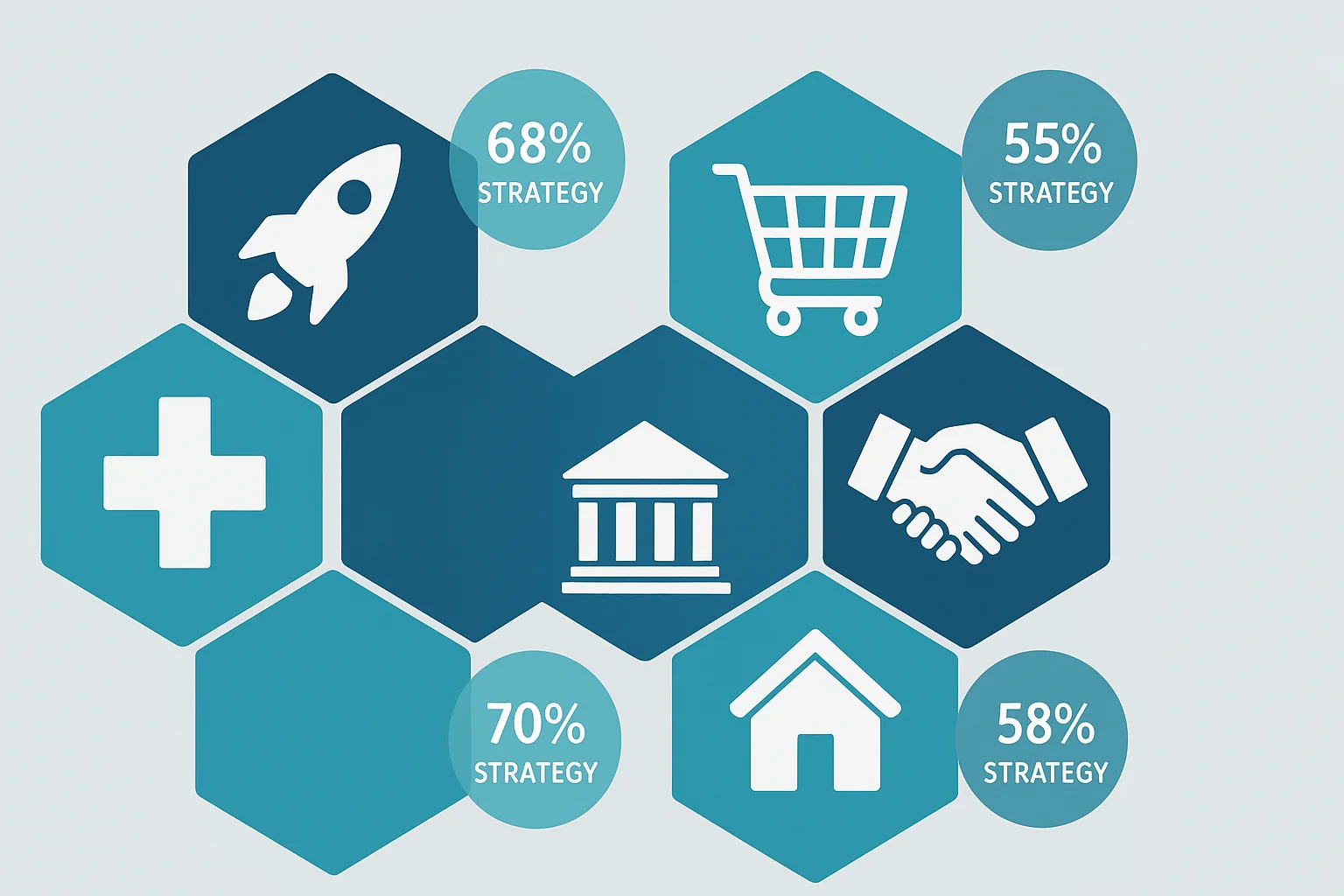 Industry-specific SEO strategy recommendations with hexagonal infographic showing keyword-first vs competitor-first percentages by sector