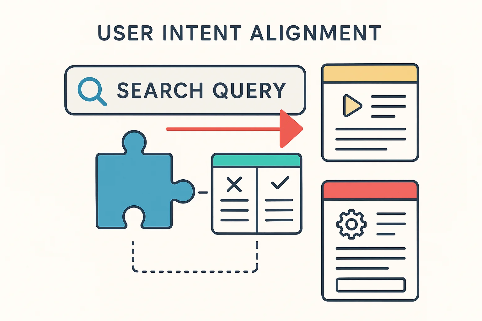 User intent alignment guide showing how search queries transform into different content formats based on commercial, informational, service, and educational purposes