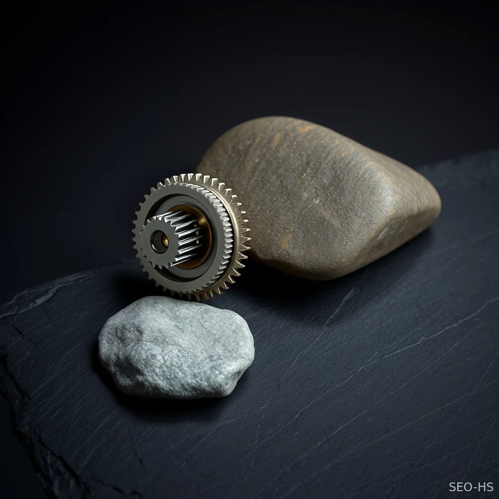 A mechanical gear beside a polished stone representing the balance between automated execution and human oversight in hybrid platforms.