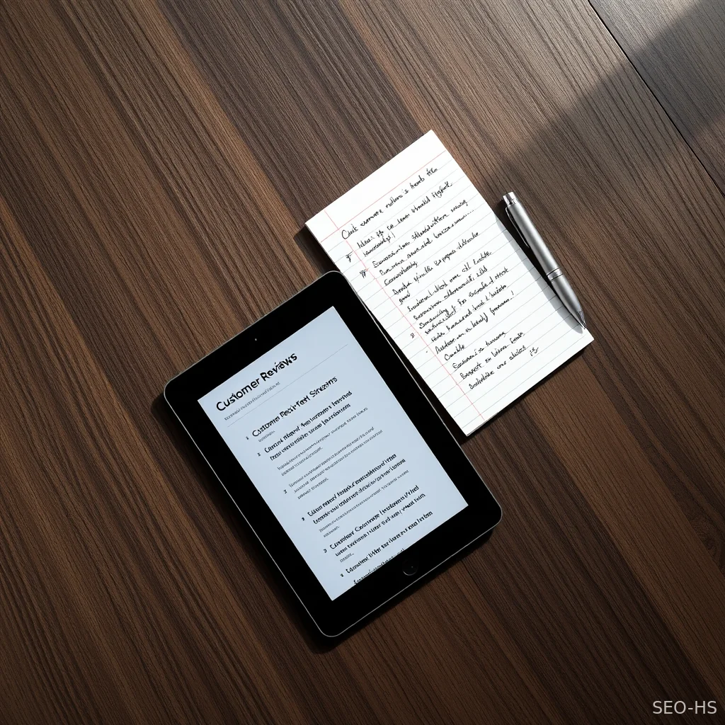 A modern desk setup showing customer feedback being analyzed and transformed into local content assets.