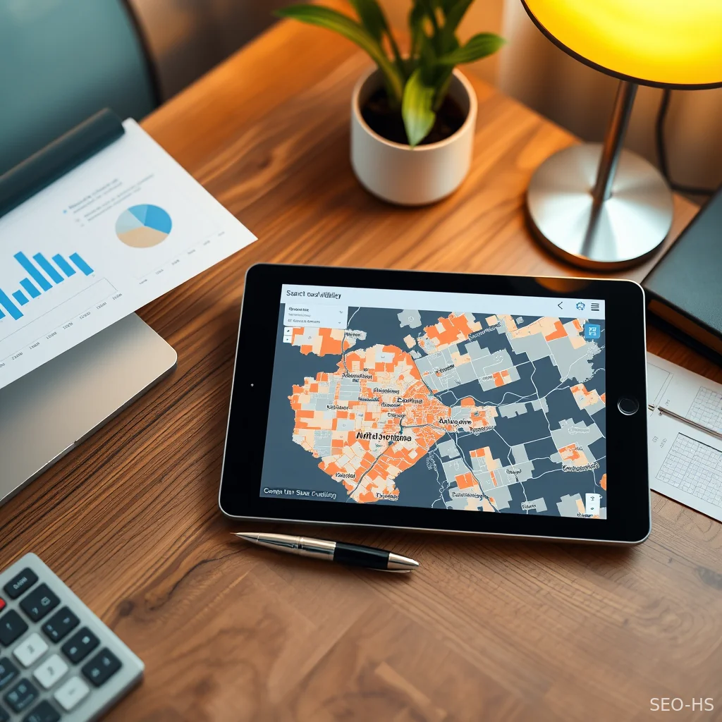 A high-resolution tablet displaying a geographic heatmap of local search rankings and branch-level performance metrics.