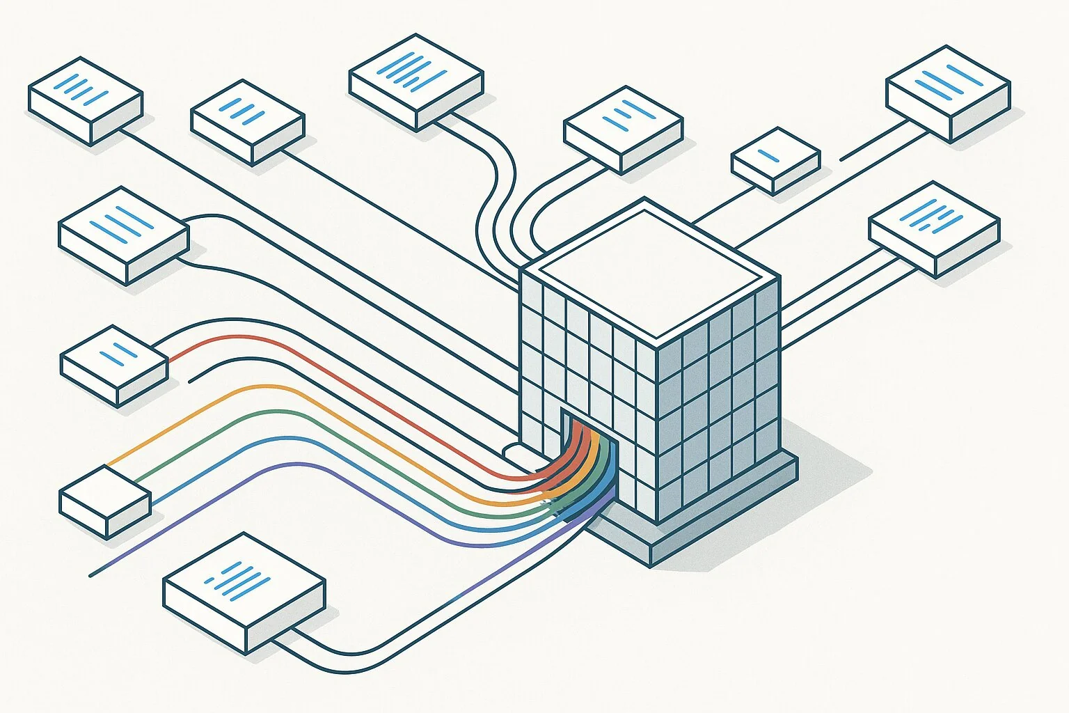 Data flowing from scattered sources into unified data warehouse