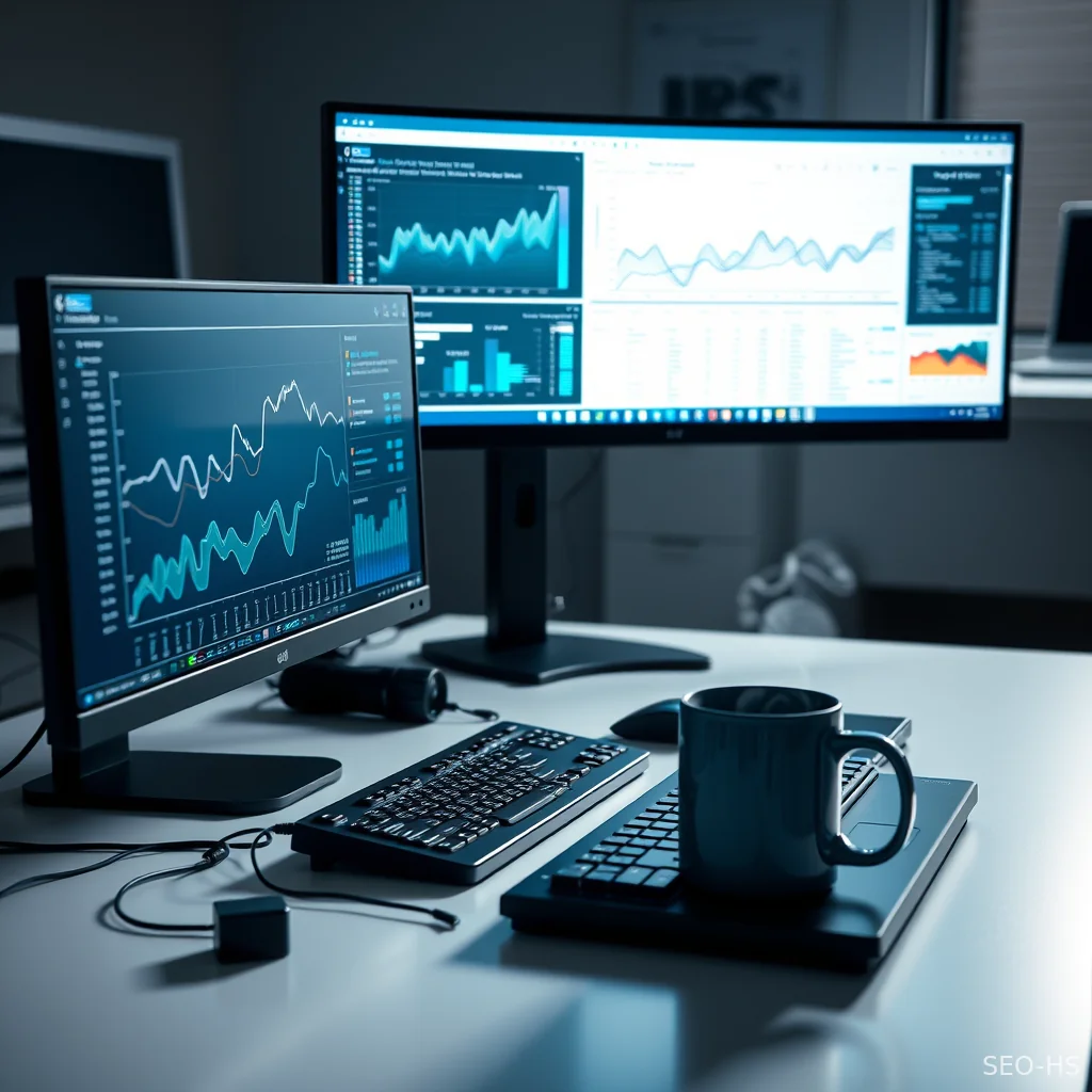 A sleek workspace monitors displaying automated technical data streams and process flows for search optimization.