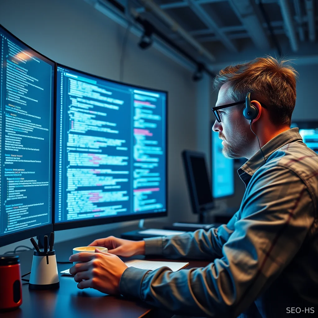A developer examining structured schema markup and entity tagging on an advanced display for GEO performance.