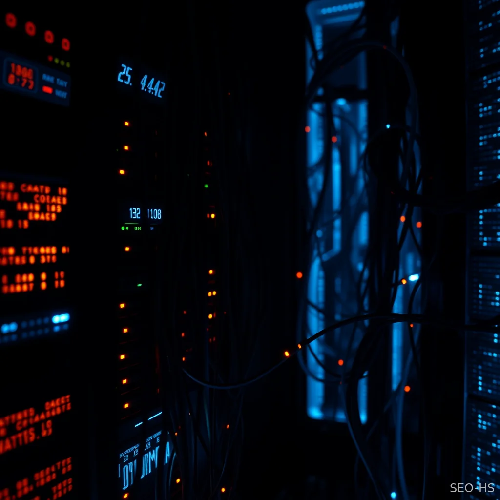 Abstract representation of opaque black-box AI algorithms and hidden automation mechanics in a server environment.