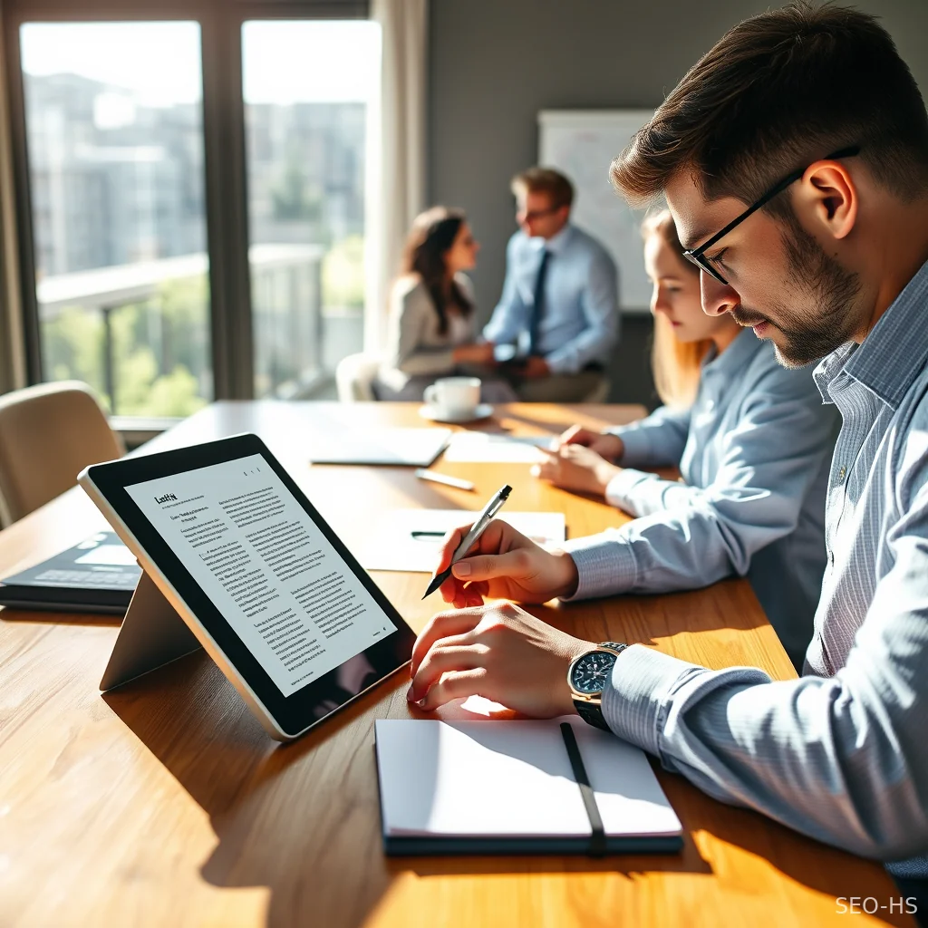 An editor performing manual review and quality control checkpoints on an AI-generated draft in a modern office.